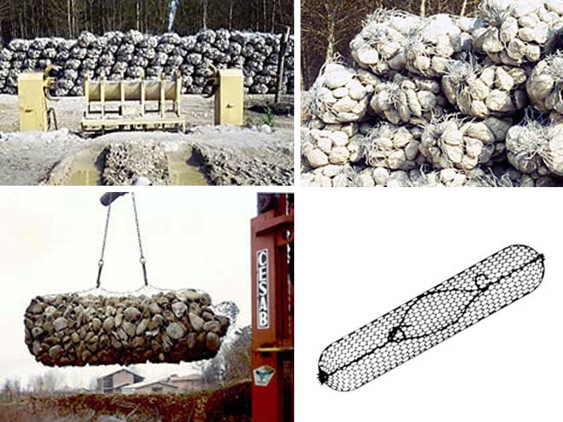 A close up picture of gabion mesh stack.